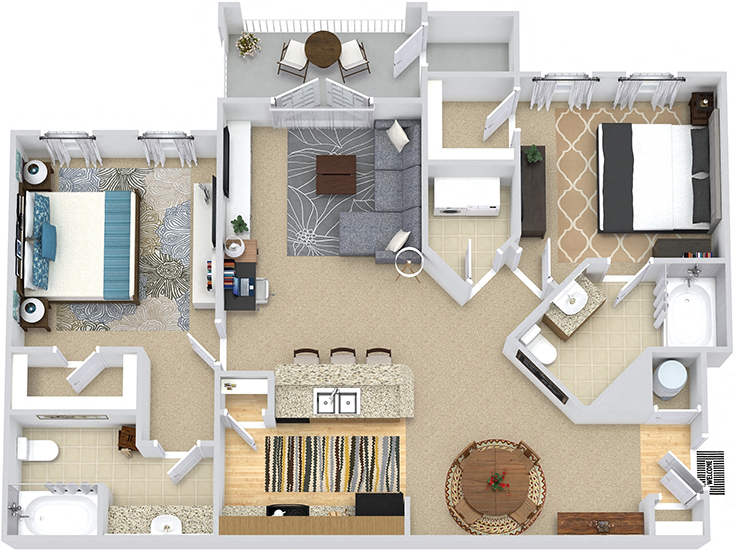 Floor plan for 2 beds, 2 baths, 1096 sqft